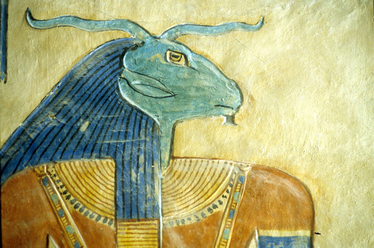 Muinainen Egypti, Kaiverrus/maalaus, Tuonelan oinaspäinen jumala, Amon hir Khopshetin hauta, Thebe, 20. dyn (kuva) tekijältä School Egyptian