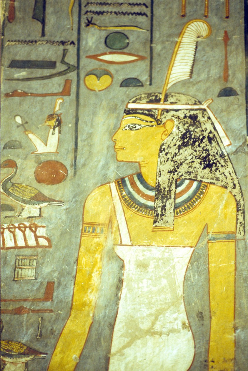 Muinainen Egypti, Kaiverrus/maalaus, Ramses I:n hauta, Thebe, Maat-jumalatar, totuuden ja oikeuden jumalatar, strutsinsulkineen (kuva) tekijältä School Egyptian