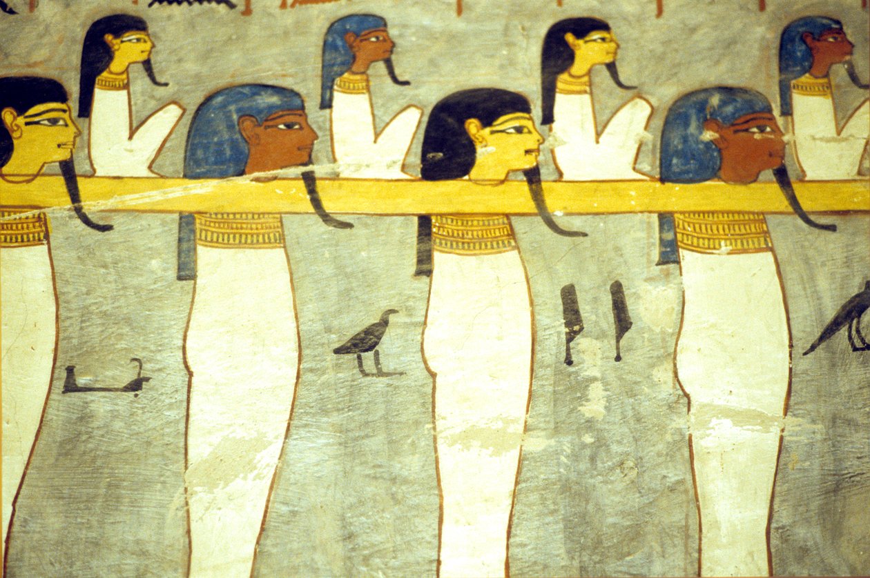 Muinainen Egypti, Maalaus, Hathoriin sidottu alamaailman jumalat, jumalallinen lehmä, hinaamassa aurinkoparkkia, Rameses I:n hauta, Thebes tekijältä School Egyptian