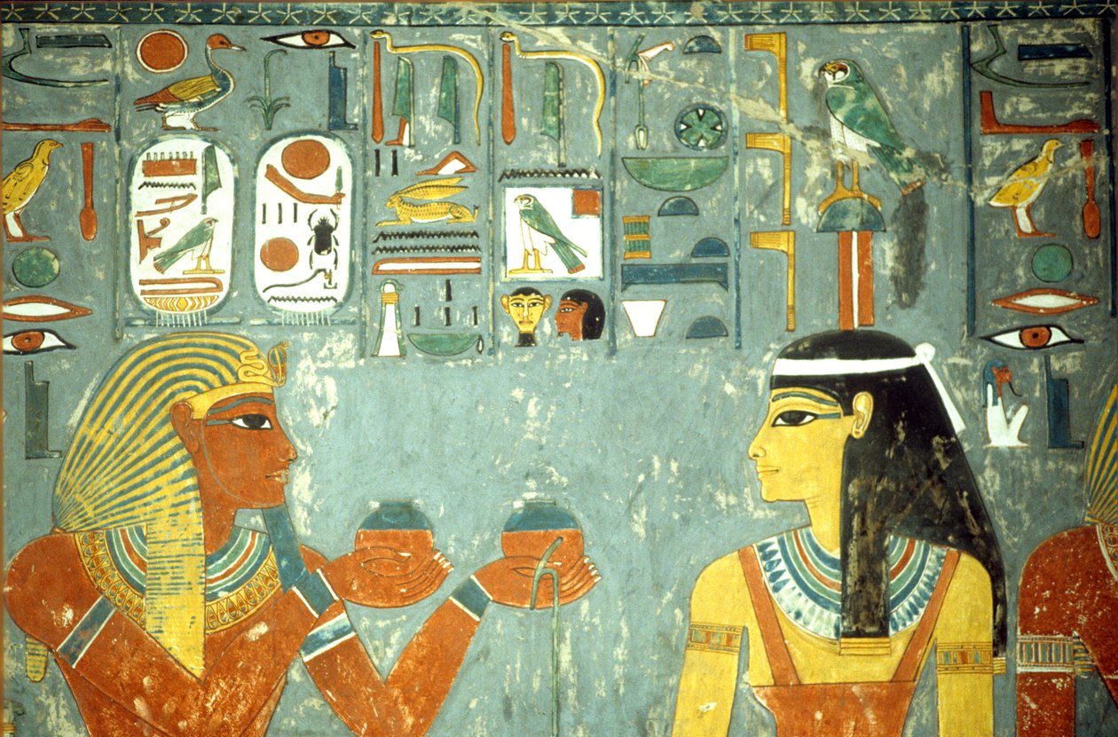 Muinainen Egypti, maalaus, Horemheb tarjoamassa voiteita Hathorille, Horemhebin hauta, Thebe tekijältä School Egyptian