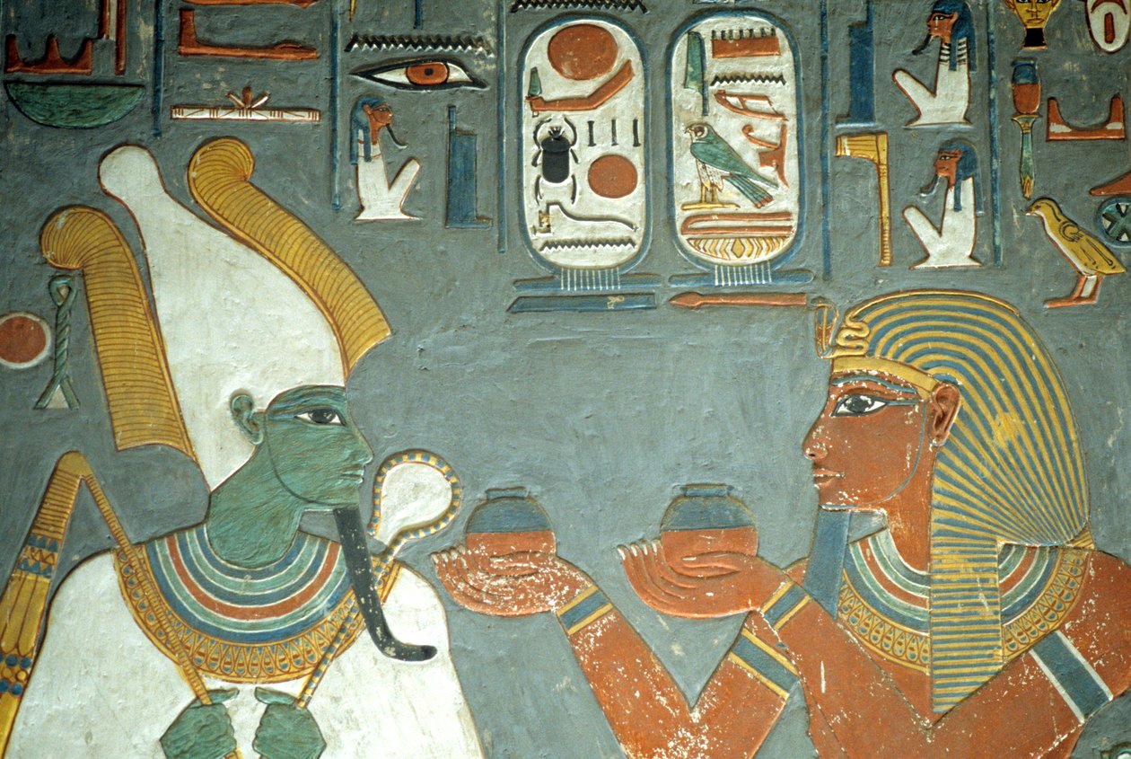 Muinainen Egypti, Maalaus, Horemheb tarjoamassa voiteita Osirikselle, Horemhebin hauta, Thebe, Thebanen tekijältä School Egyptian