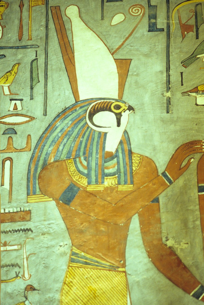 Muinainen Egypti, maalaus, Horus, haukanpääinen jumala, kuninkaiden jumala, Ramses I:n hauta, Theban, Thebanen tekijältä School Egyptian