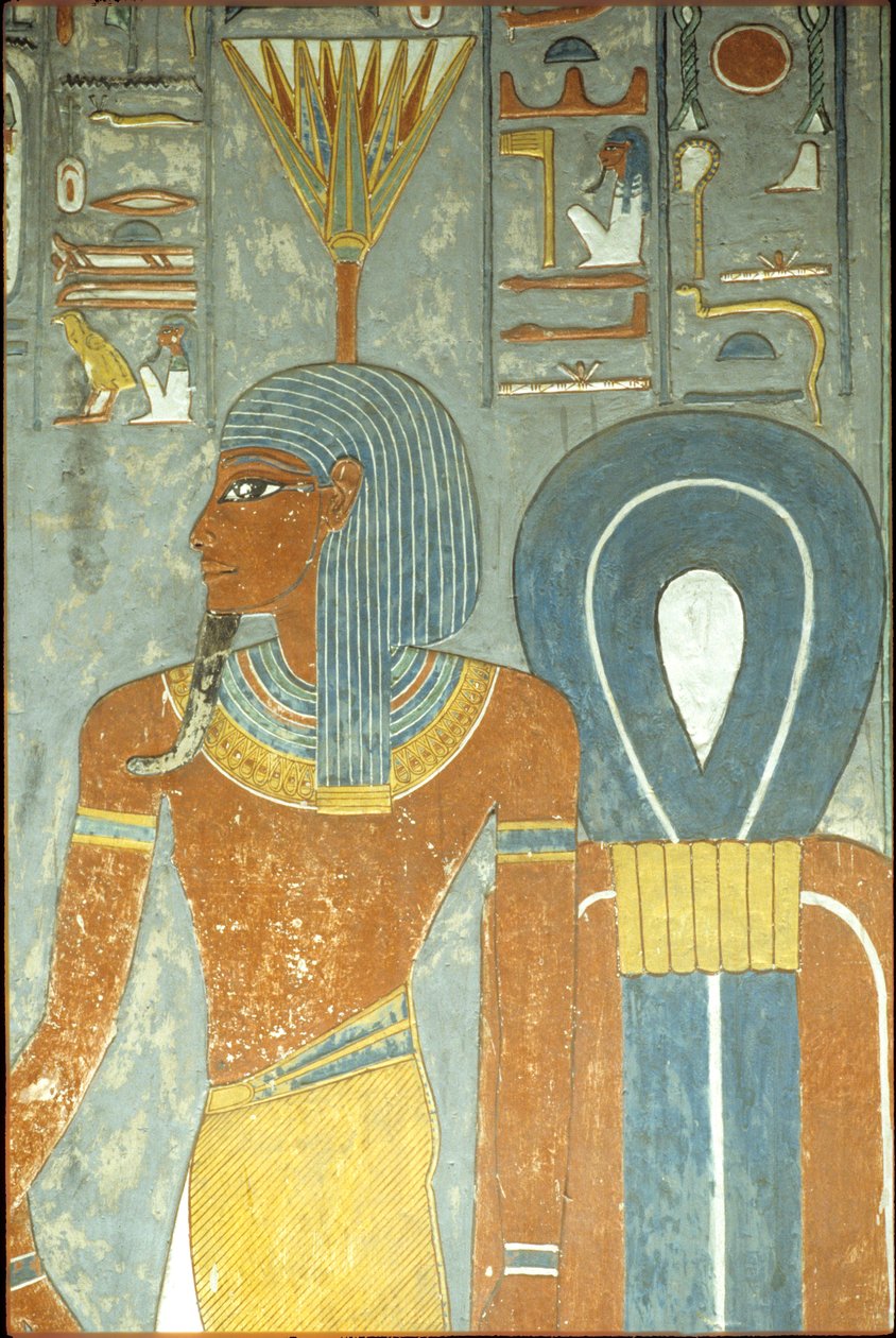 Muinainen Egypti, maalaus, Horemhebin hauta, Theban 18. dynastia, jumala Nefertum ja Isiksen solmu, Nefertum tai Nefertem vesililjan tai lootuksen päähine (kuva) tekijältä School Egyptian