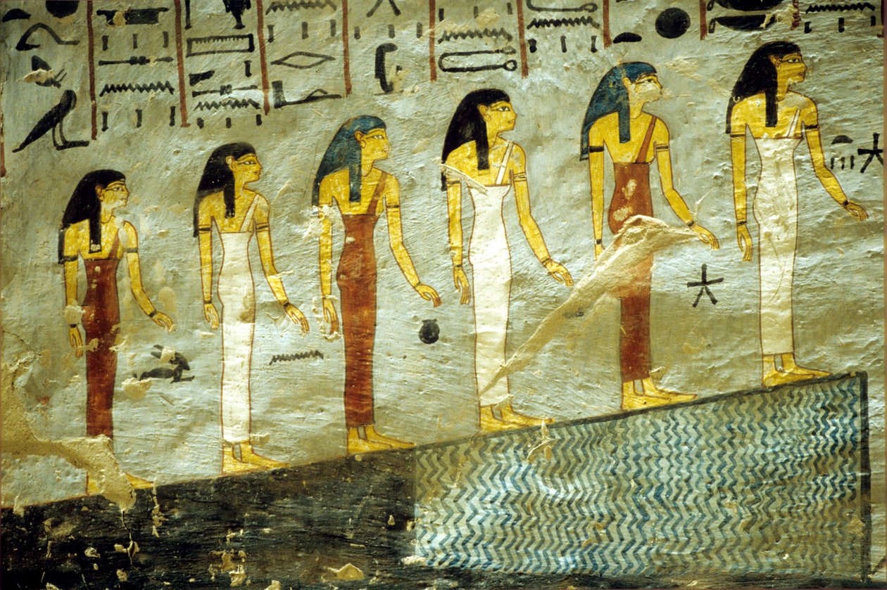 Muinainen Egypti, Maalaus, Ramses I:n hauta, Thebe, Kuusi yön kuutta ensimmäistä tuntia esittävää jumalatarta nousee vuorelle, jonka alla on lampi. tekijältä School Egyptian
