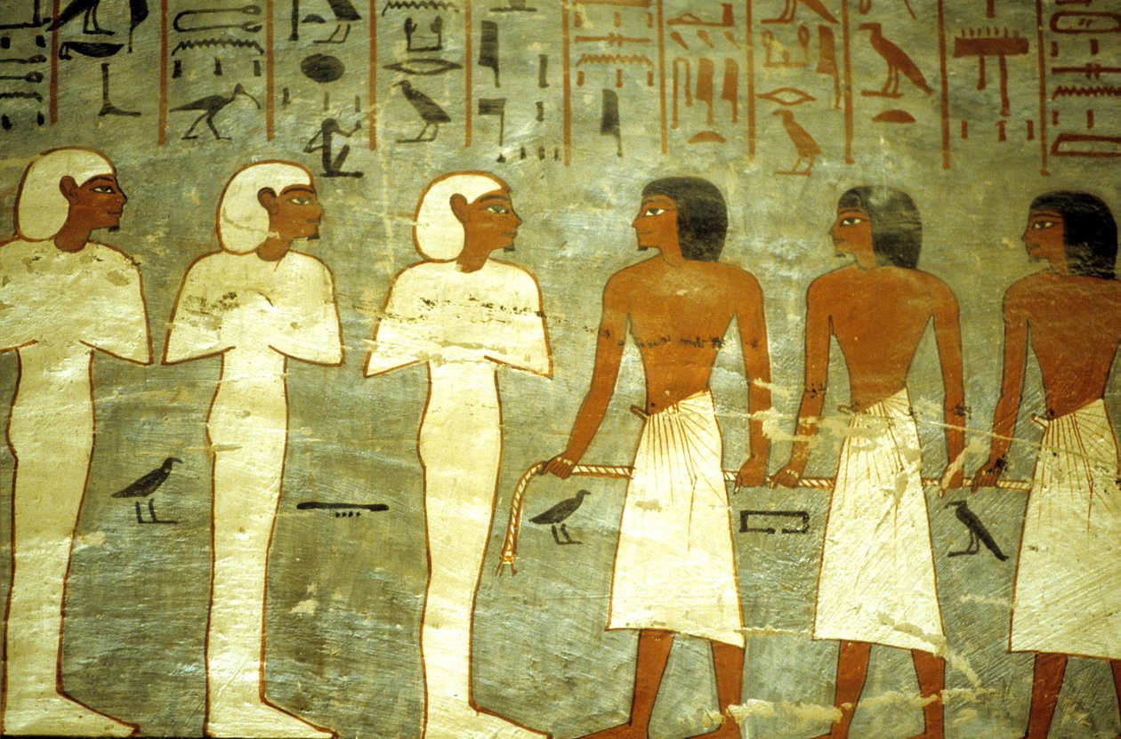 Muinainen Egypti, Maalaus, Ramses I:n hauta, Kolme muumioidun muotoista jumalaa, kolme jumalaa hinaamassa aurinkoparkkia. tekijältä School Egyptian