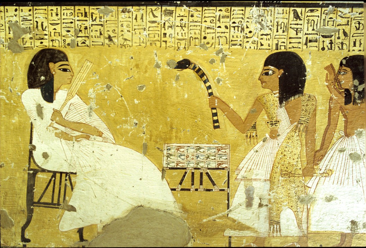 Muinainen Egypti, Inherkhau, Theban hauta, Inherkhau ennen poikiaan suorittamassa papin tehtäviä, yllään leopardinahka, seinämaalaus, aatelisten laakso, 20. dynastia (kuva) tekijältä School Egyptian