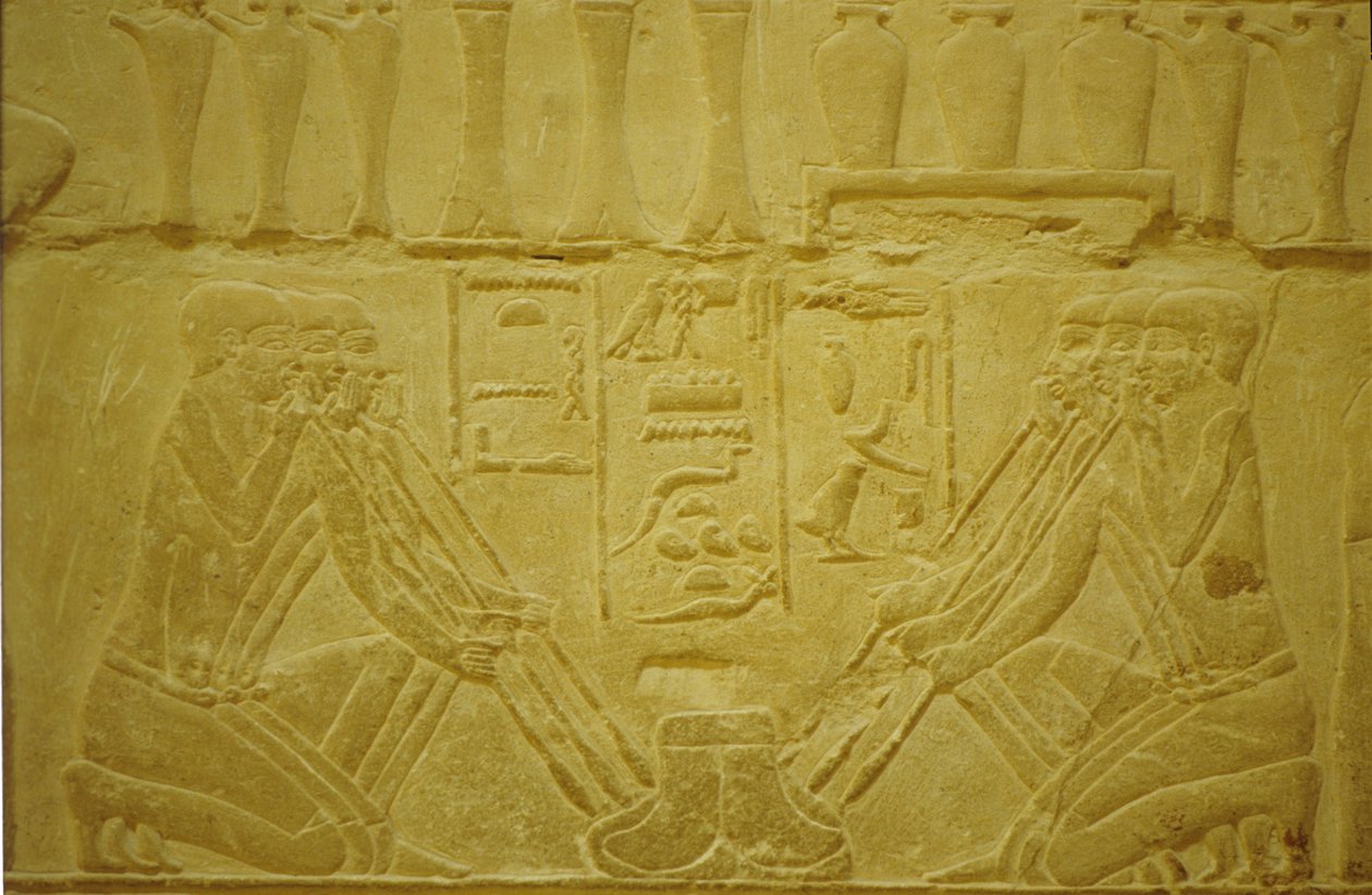 Muinainen Egypti, seinäkaiverrus, Kultaa sulattavat jalokivikauppiaat, Merereuka Mastaba/hauta, 6. dyn, Saqqara, Egypti (kuva) tekijältä School Egyptian