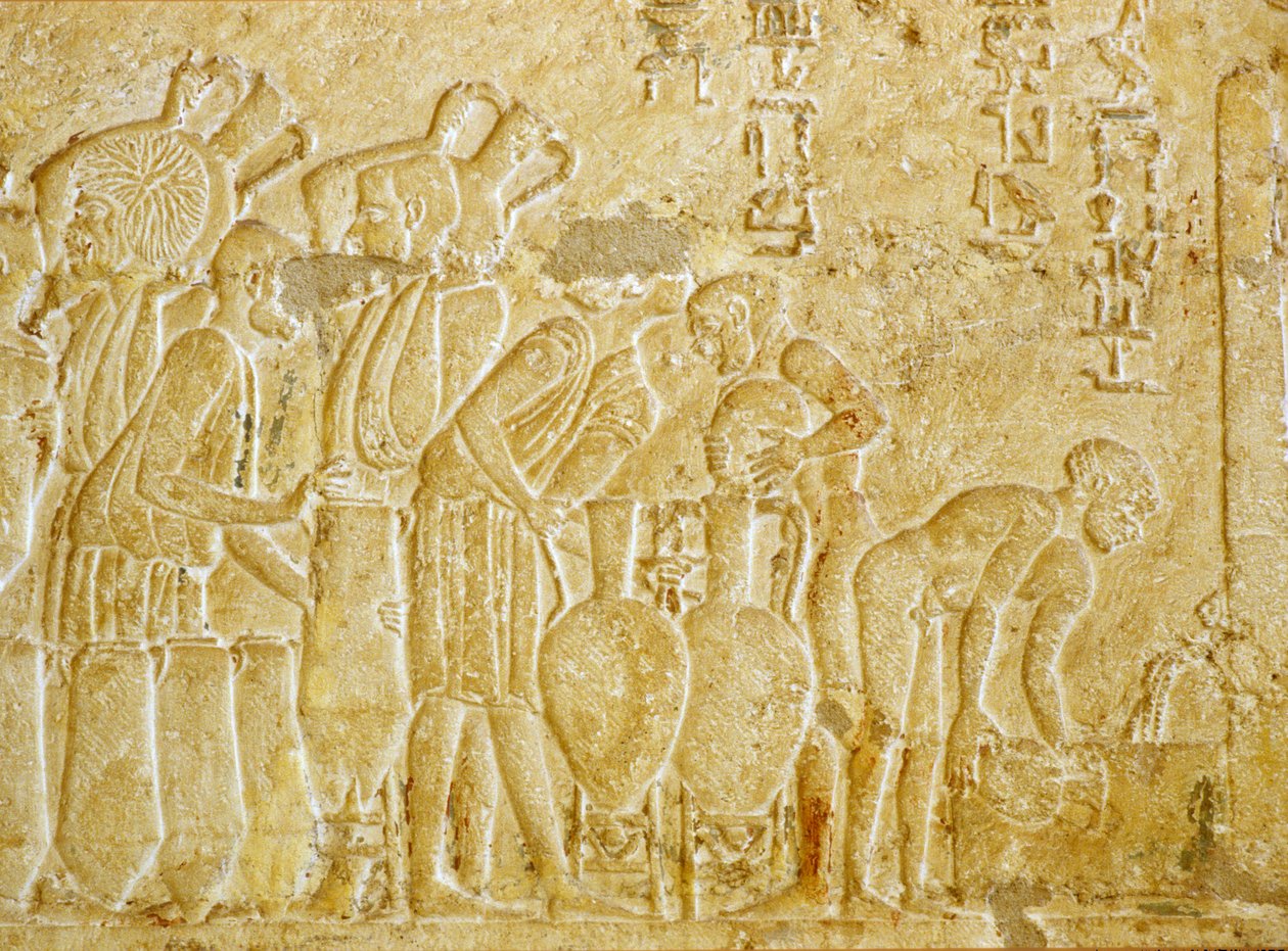 Muinainen Egypti, Seinien kaiverrus, Petosiriksen hauta, 300 eKr., Tunael Gebel, Viinin kerääminen ja pullottaminen (kuva) tekijältä School Egyptian