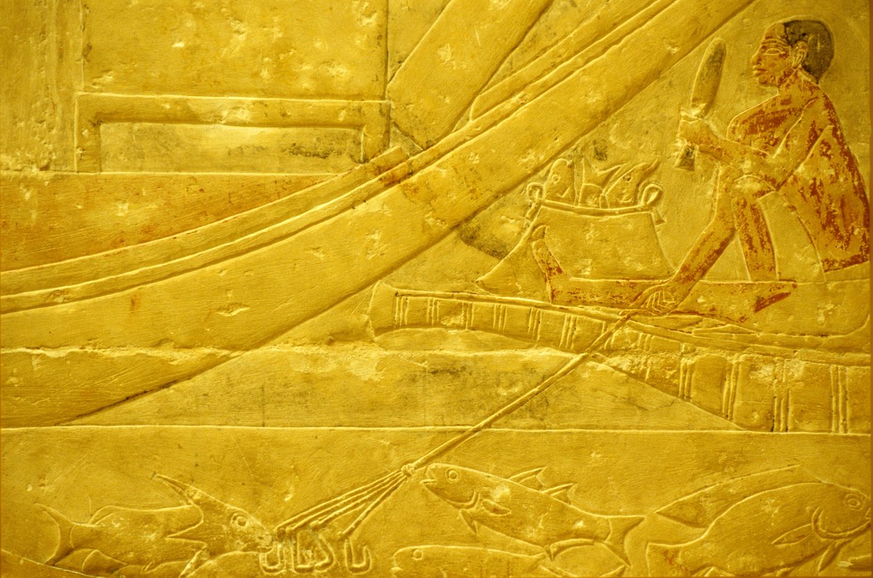 Muinainen Egypti, Seinän kaiverrus/maalaus, Mastaba/Idoutin hauta, Saqqara, 2323-2150 eKr., Kalastaja, joka suippaa kaloja ja pitelee nelihaaraista keihästä (kuva) tekijältä School Egyptian