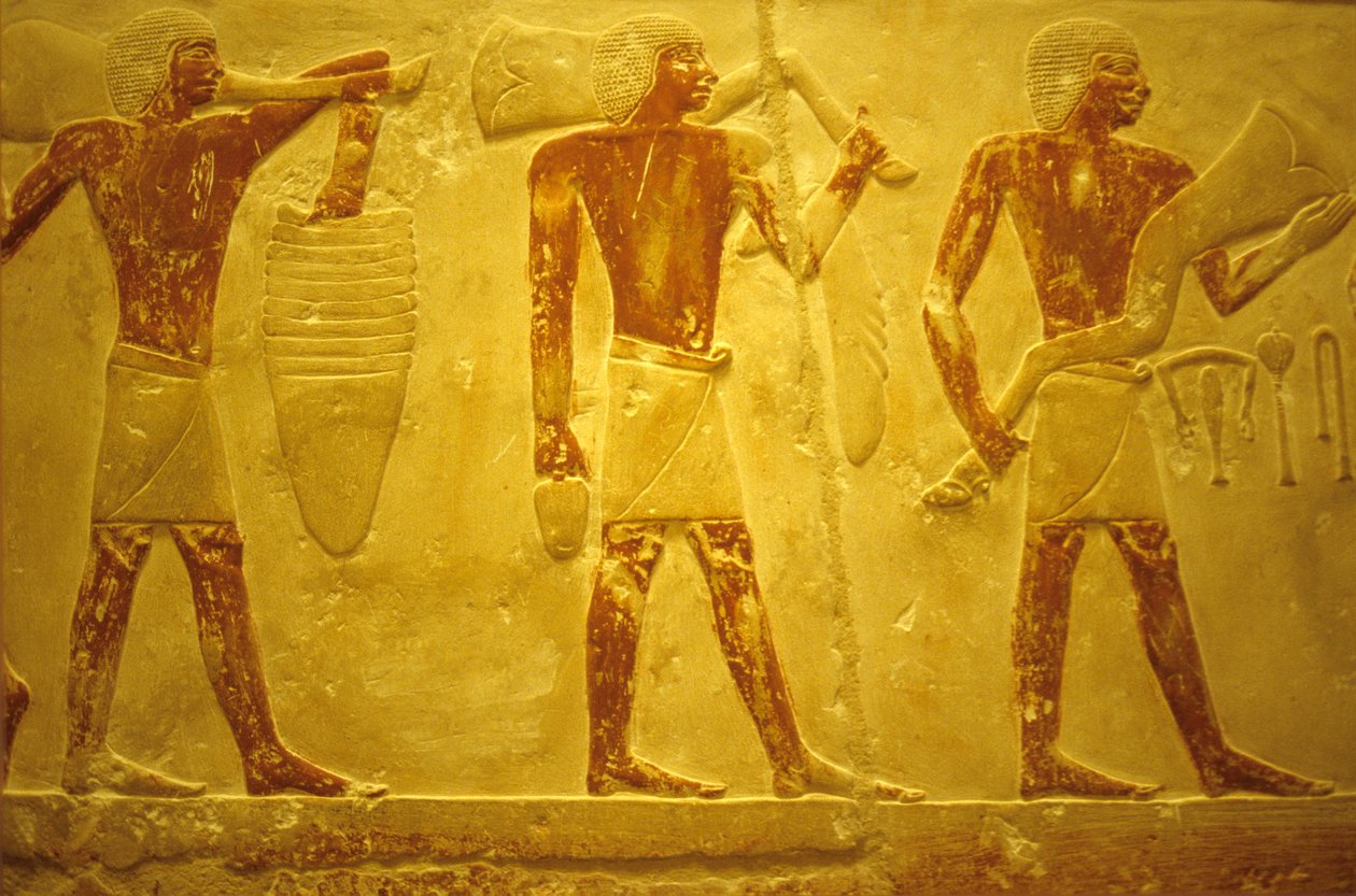 Muinainen Egypti, Seinien kaiverrus/maalaus, Mastaba/Idoutin hauta, Saqqara, 2323-2150 eKr., Kantajia uhreineen (kuva) tekijältä School Egyptian