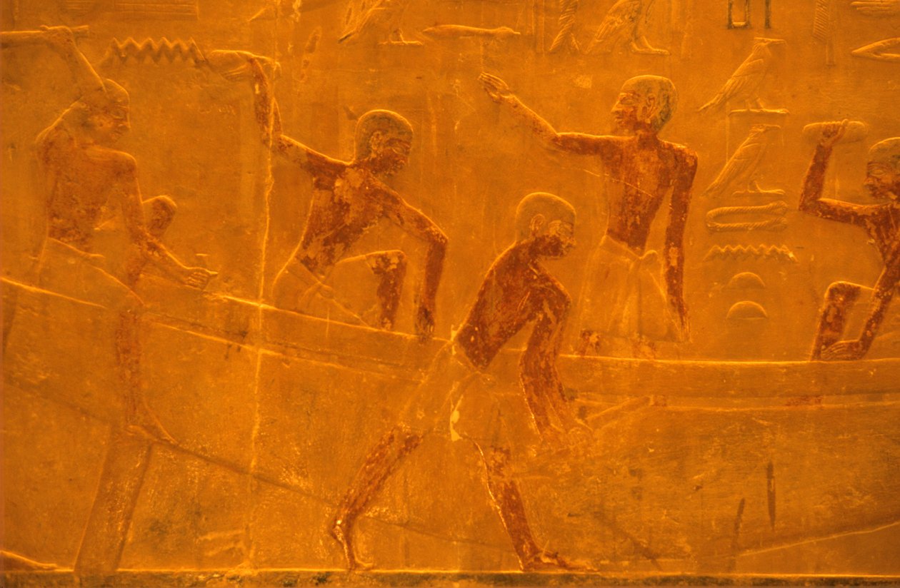 Muinainen Egypti, Mastaba/Ti:n hauta, Saqqara, 5. dynastia, Laivanrakennus, seinäkaiverrukset/maalaukset (valokuva), Muinainen Egypti (kuva) tekijältä School Egyptian