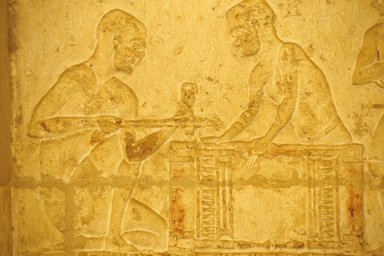 Muinainen Egypti, seinäkaiverrukset/maalaukset, Petosiriksen hauta, Tuna el Gebel, 300 eKr., Puusepät työssä (kuva) tekijältä School Egyptian