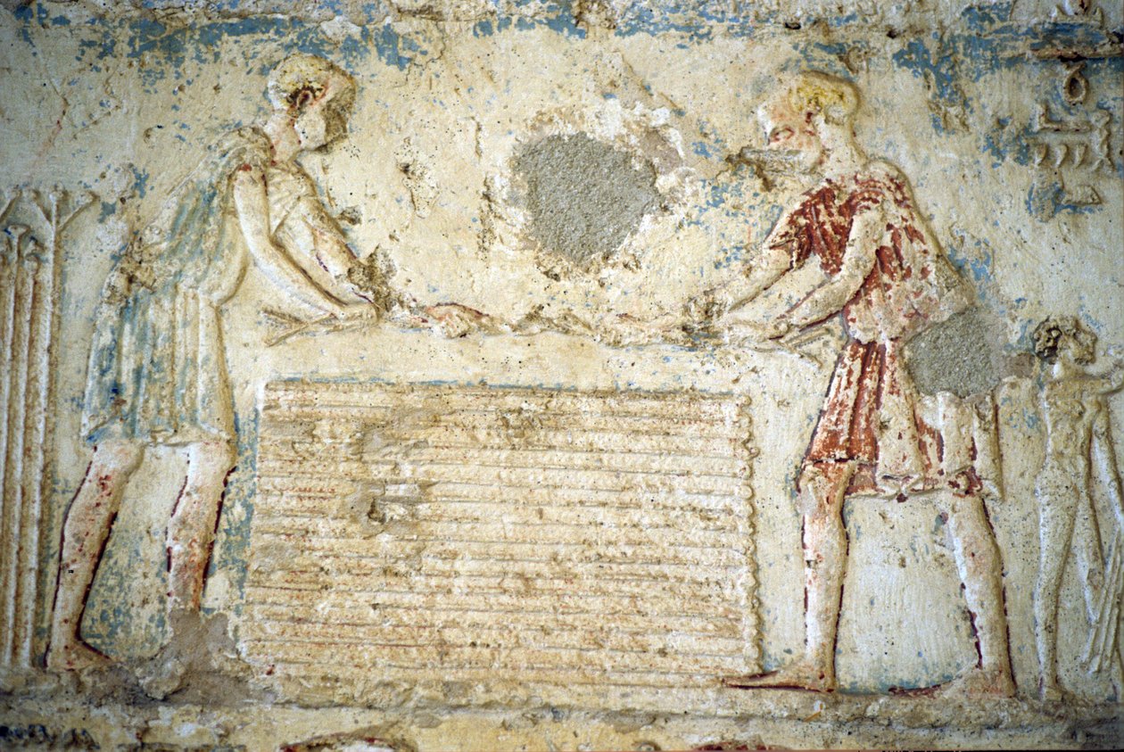 Muinainen Egypti, seinäkaiverrukset/maalaukset, Petosiriksen hauta, Tuna el Gebel, 300 eKr., Pellavan sadonkorjuu (kuva) tekijältä School Egyptian
