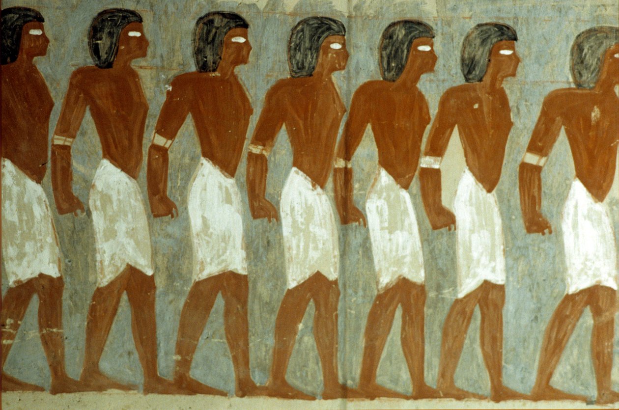 Muinainen Egypti, seinämaalaus, sidotut vangit, maalaus keskeneräinen, Horemhebin hauta, Horemhebin hauta tekijältä School Egyptian