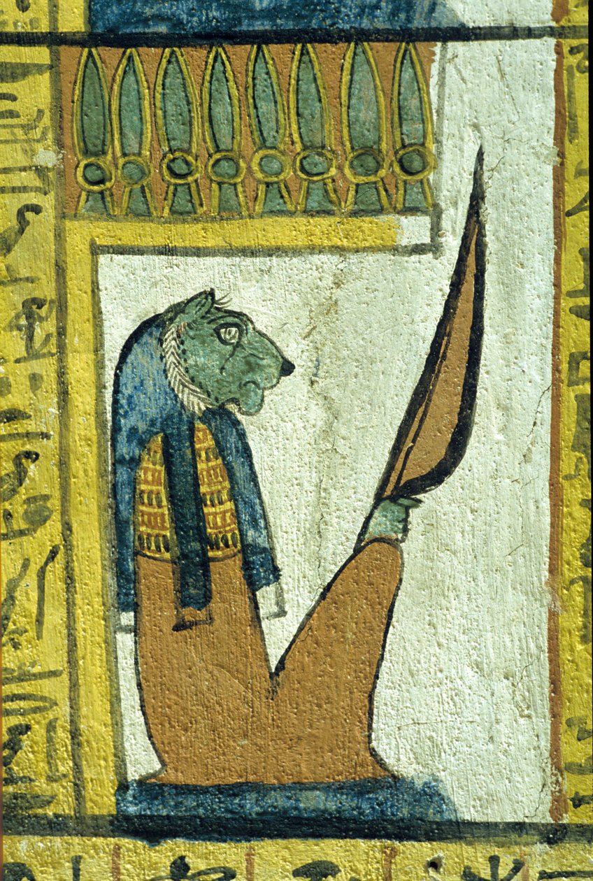 Muinainen Egypti, seinämaalaus, Leijonapäinen alamaailman jumala, Sennedjemin hauta, Thebe, Deir el Medina tekijältä School Egyptian