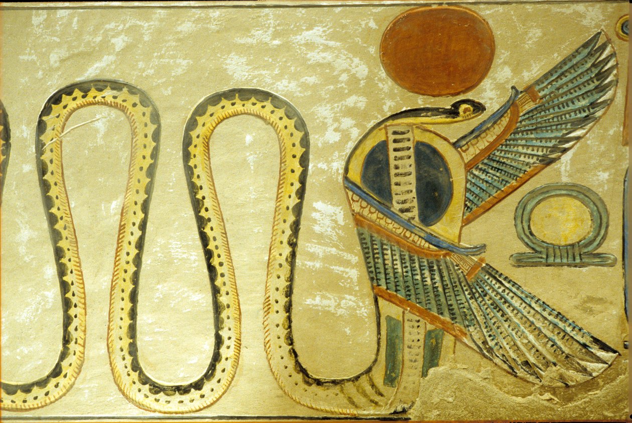 Muinainen Egypti, seinämaalaus, Amon hir Khopshefin hauta, Uraeus ja siivekkäät käärmeet vartioivat hautakammion sisäänkäyntiä, 20. dynastia, Kuningattarien laakso (kuva) tekijältä School Egyptian