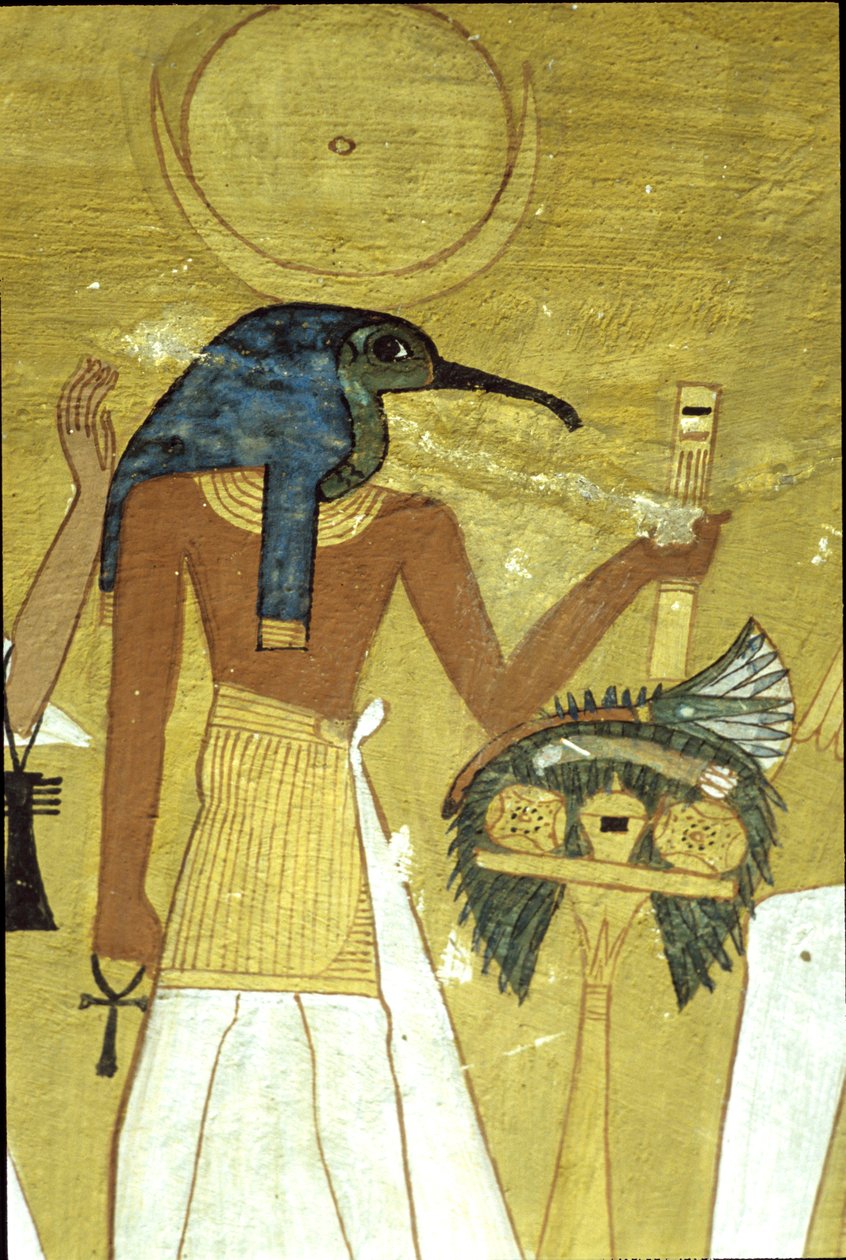 Muinainen Egypti, Seinämaalaus Inherkhaun hauta, Thebes, Jumala Thoth esittelee vainajan Osirikselle, 20. dynastia, Ibis-pää Jumala kuulevyllä (kuva) tekijältä School Egyptian