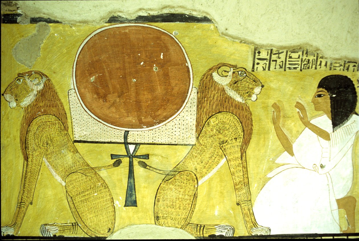 Muinainen Egypti, seinämaalaus Inherkhaun hauta, Thebes, Inherkhau palvomassa kahta leijonaa, tämän päivän ja huomisen vartijoita, 20. dynastia (kuva) tekijältä School Egyptian