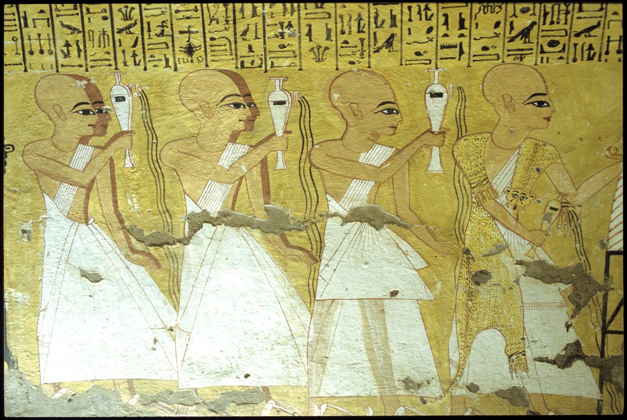 Muinainen Egypti, Seinämaalaus Inherkhaun hauta, Thebes, Aatelisten hauta, 20. dynastia, Papit vuodattavat juomaruoan Inherkhaun puolesta (kuva) tekijältä School Egyptian