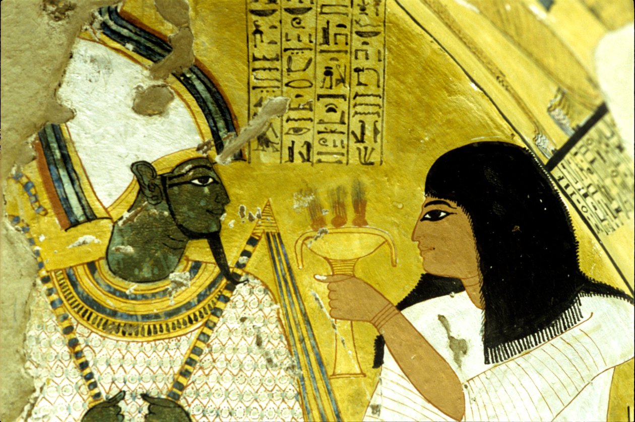 Muinainen Egypti, seinämaalaus Inherkhau, Theban, aatelisten hauta, 20. dynastia, Inherkhau tekee uhrauksia Osirikselle (kuva) tekijältä School Egyptian