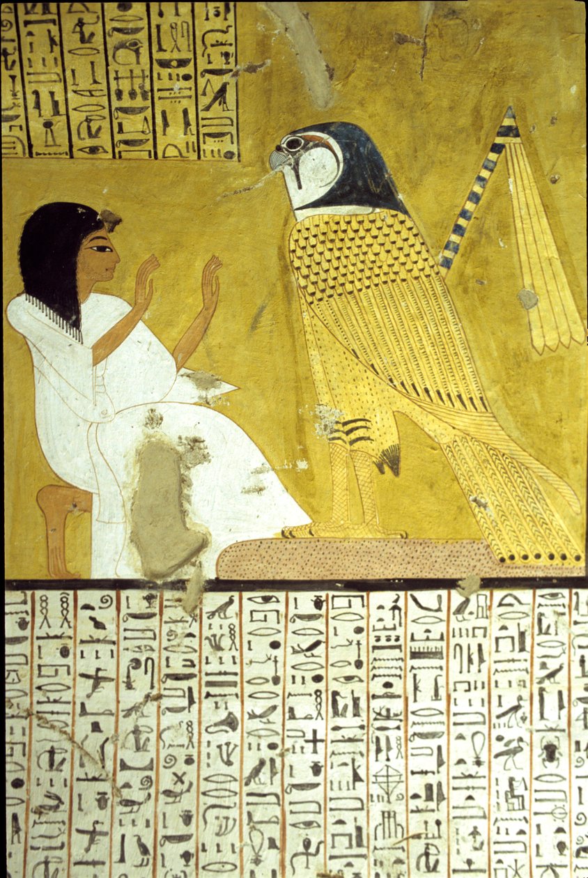 Muinainen Egypti, seinämaalaus Inherhaun hauta, Thebe, aatelisten hauta, 20. dynastia, Inkherhau palvomassa Horuksen haukkaa (kuva) tekijältä School Egyptian