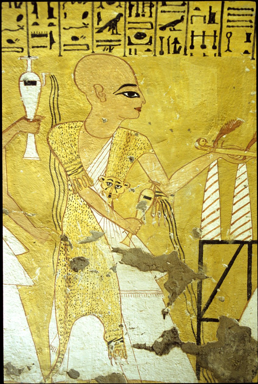 Muinainen Egypti, seinämaalaus Inherkhaun hauta, Thebe, aatelisten hauta, 20. dynastia, Pappi kaataa juomarahoja Inherkhaulle (kuva) tekijältä School Egyptian