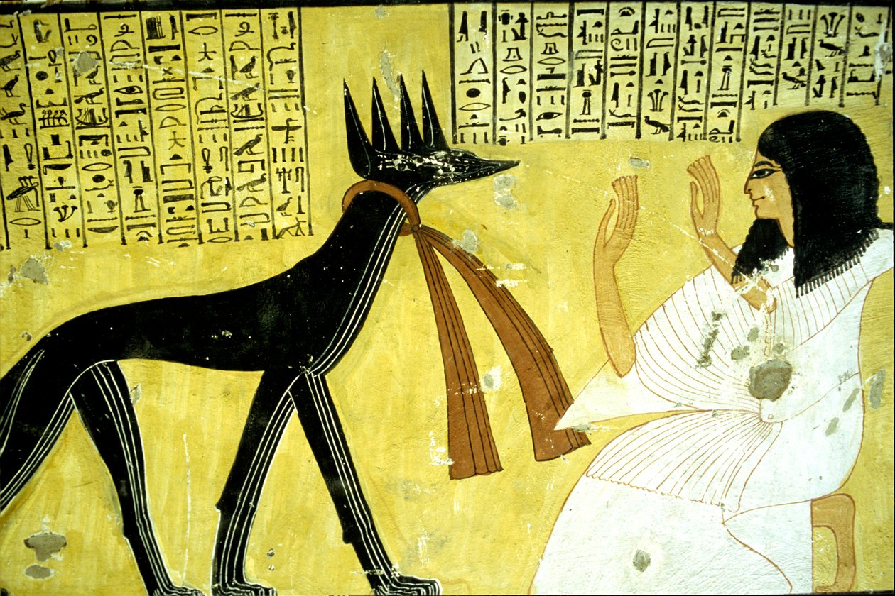 Muinainen Egypti, seinämaalaus Inherkhaun hauta, Thebe, aatelisten hauta, 20. dynastia, Inherkhaun palvominen sakaalijumalien edessä (kuva) tekijältä School Egyptian