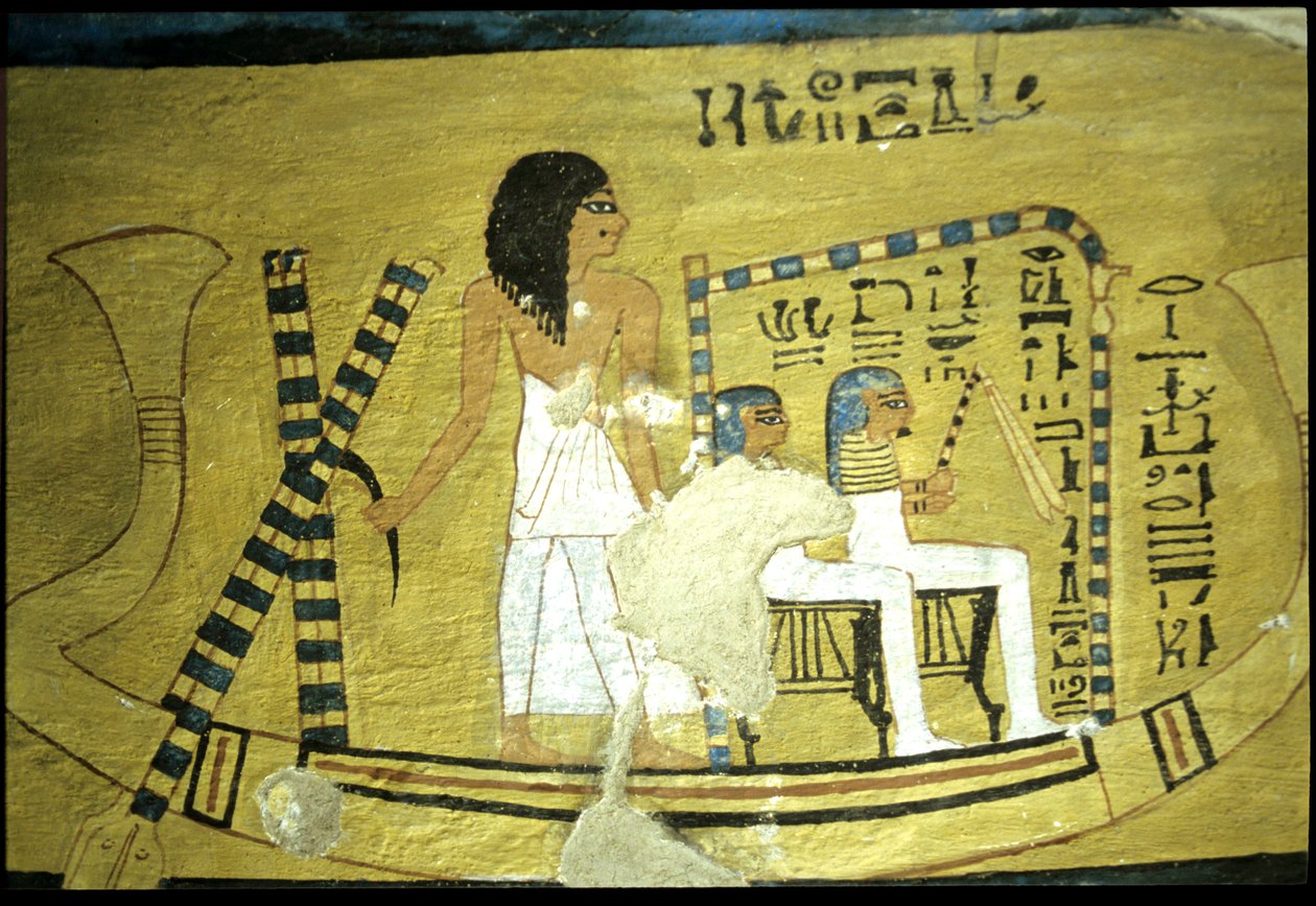 Muinainen Egypti, seinämaalaus Inherkhaun hauta, Thebe, aatelisten hauta, 20. dynastia, Inherkhaun ohjaamassa venettä kahden jumalan istuessa pyhäkössä (kuva) tekijältä School Egyptian