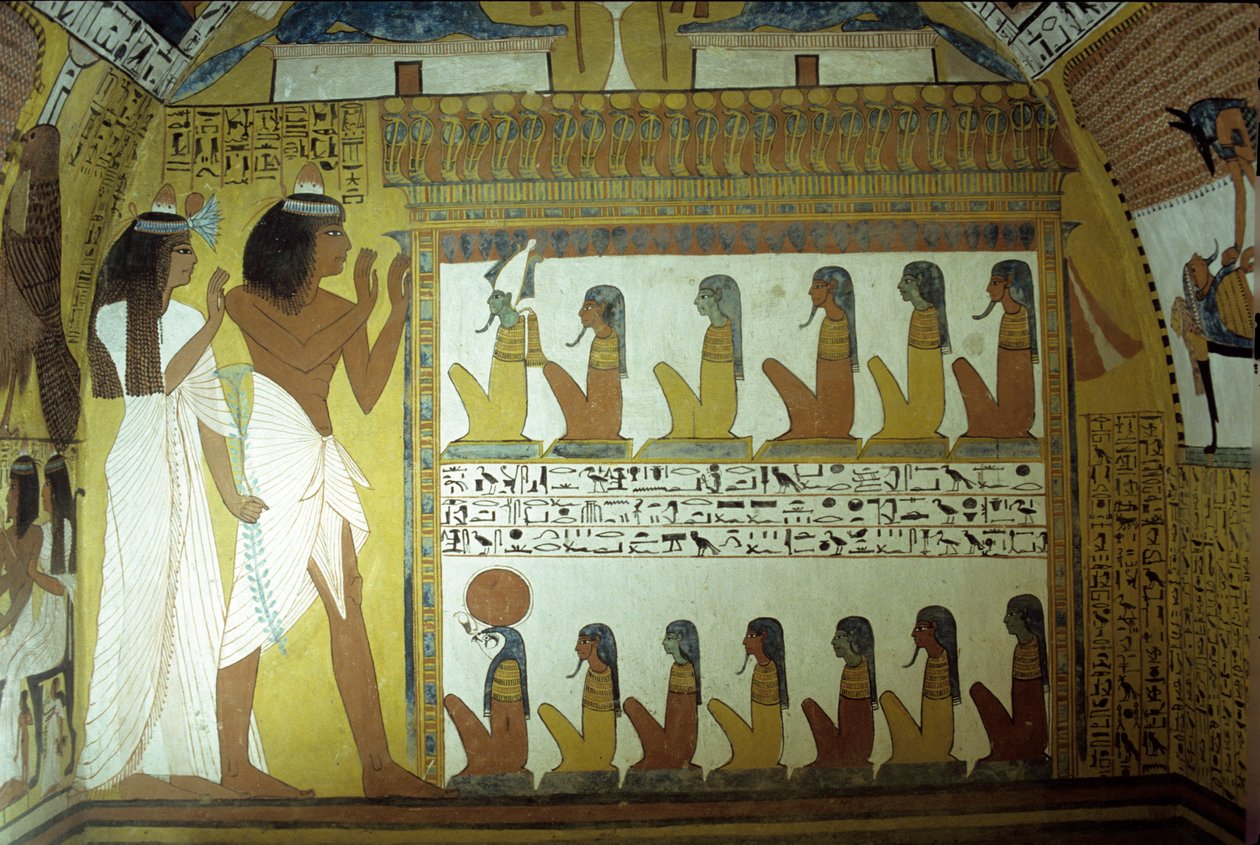 Muinainen Egypti, seinämaalaus, Sennedjemin hauta, seinä, Sennedjemin ja hänen vaimonsa palvovat manalan jumalia, Osiris, Horus, Thebe, Deir el Medina tekijältä School Egyptian