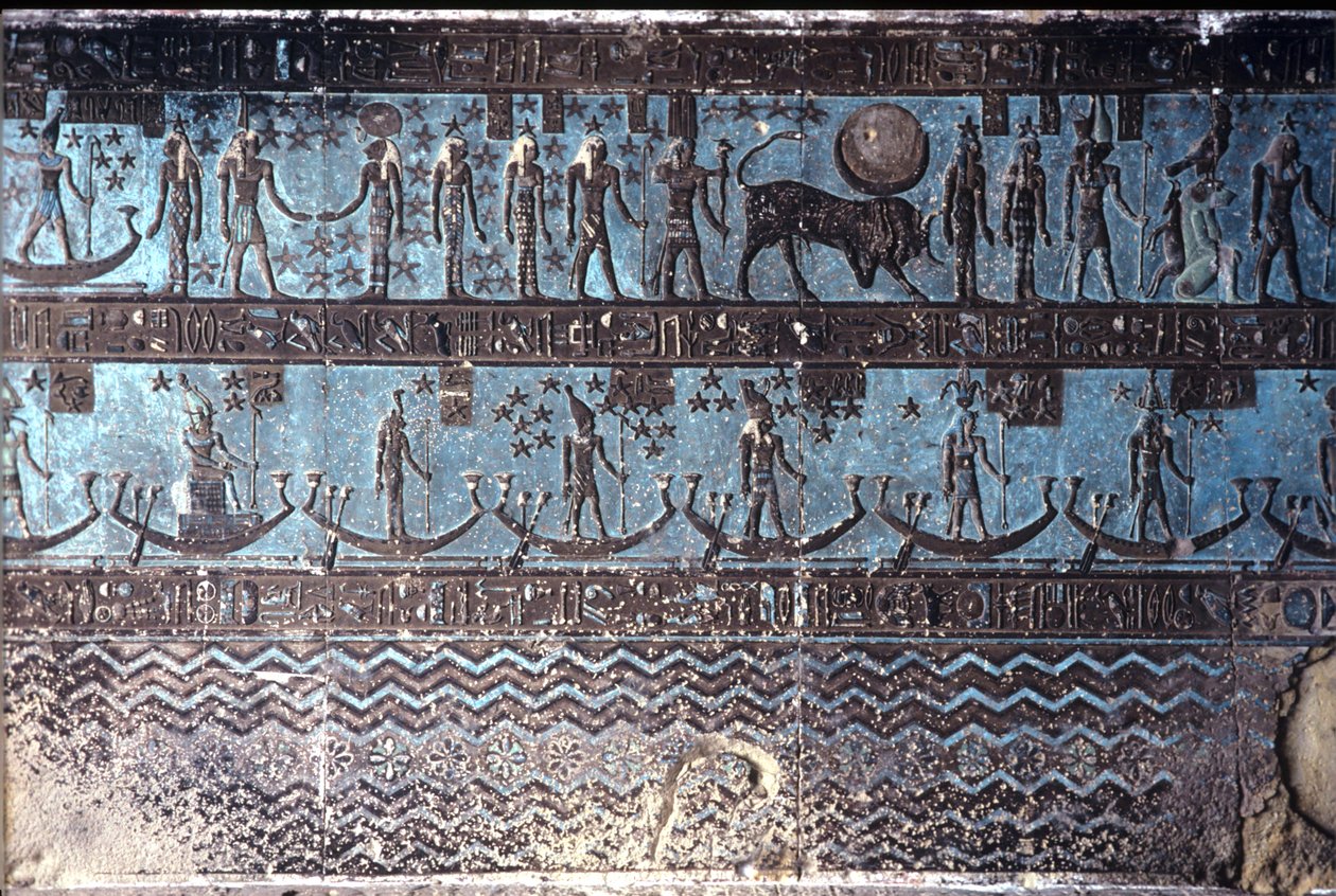 Muinainen Egypti, Seinämaalaus/kaiverrus, Astrologiset symbolit ulomman hypostyylisalin katosta, Hathorin temppeli, Dendera (kuva) tekijältä School Egyptian
