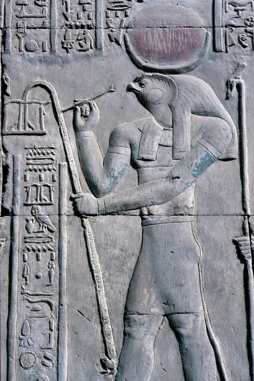Muinainen Egypti, seinämaalaus/kaiverrus, Horus kirjoittaa papyruskäärölle, Sebekin ja Horuksen temppeli, Kom Ombo (kuva) tekijältä School Egyptian