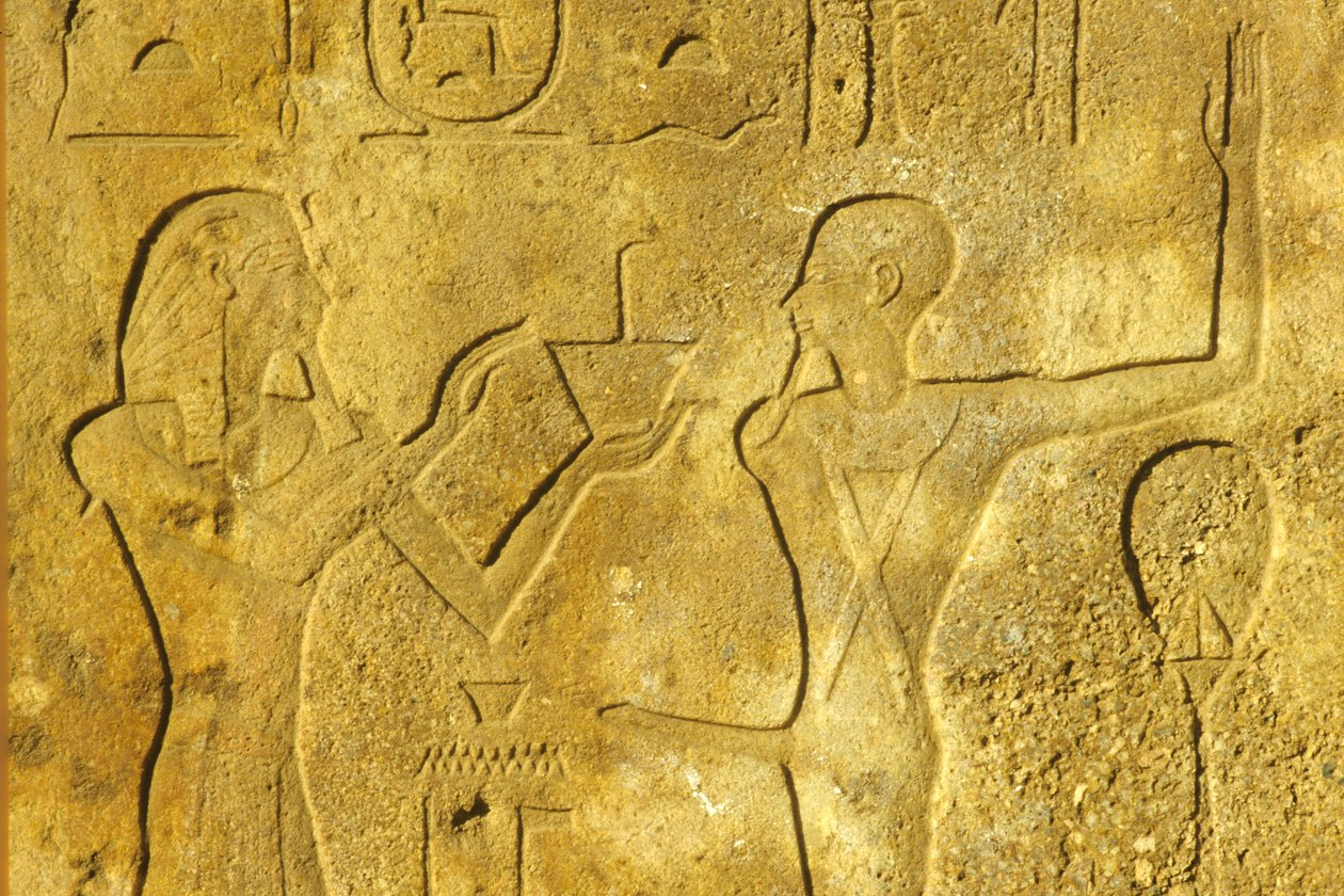 Muinainen Egypti, seinämaalaus/kaiverrus, Karnak/Luxorin temppeli, Hatshepsut tarjoaa suitsukkeita God Minille tekijältä School Egyptian
