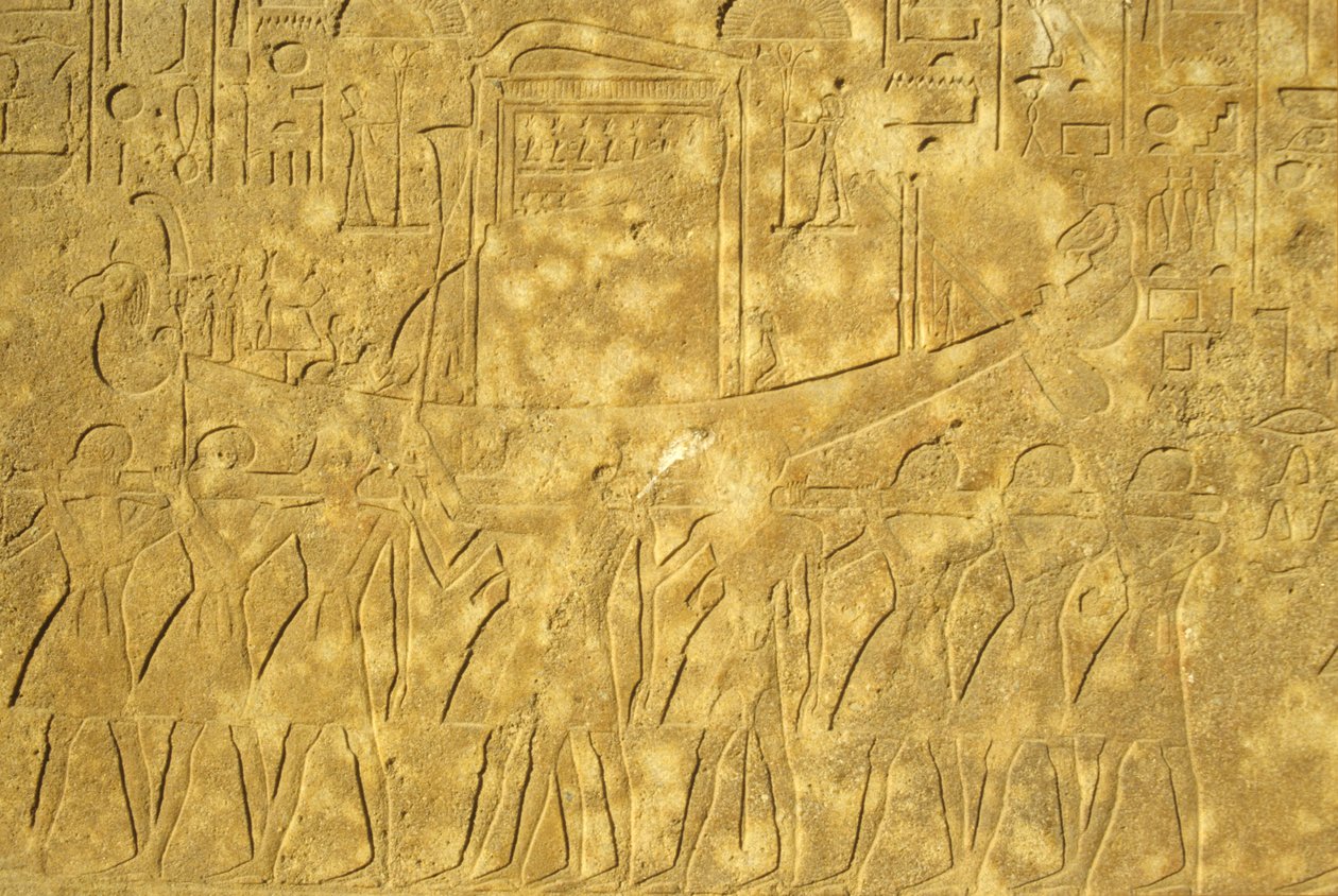 Muinainen Egypti, seinämaalaus/kaiverrus, Amonin pyhää barakkia kuljetetaan temppelistä, Karnakin temppeli, Luxor (kuva) tekijältä School Egyptian