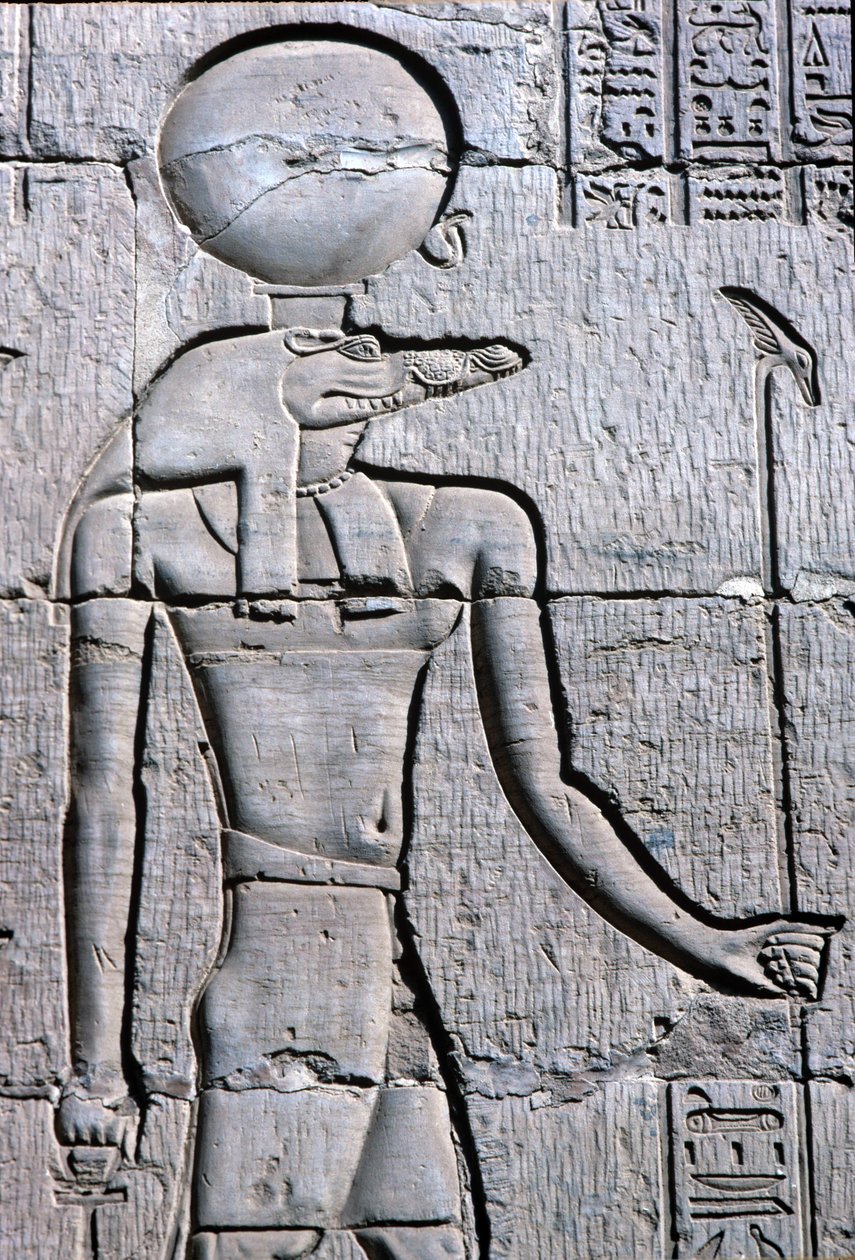 Muinainen Egypti, seinämaalaus/veistos, Sebek kantaa ankhia tekijältä School Egyptian