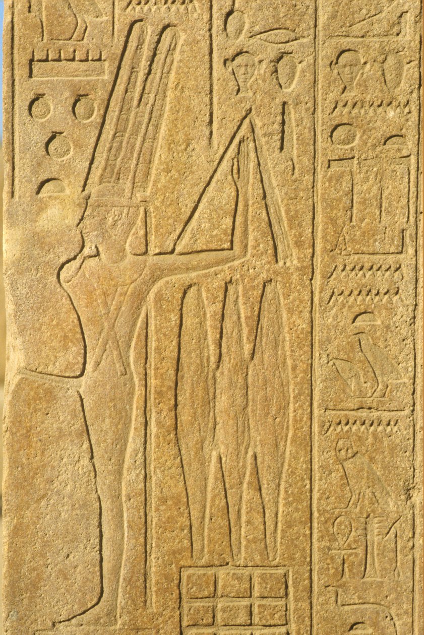 Muinainen Egypti, seinämaalaus/kaiverrus, Min-jumala, Karnakin temppeli, Luxor, hedelmällisyyden jumala, pitelee ruoskaa (kuva) tekijältä School Egyptian