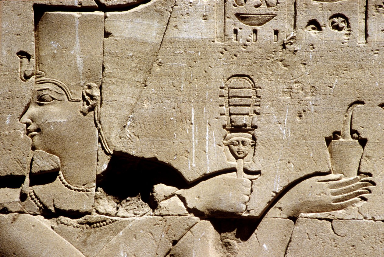Muinainen Egypti, seinämaalaus/kaiverrus, Faarao Ptolemaios ravistelee systrumia ja tarjoaa suitsukkeita, Horuksen temppeli, Edfu (kuva) tekijältä School Egyptian