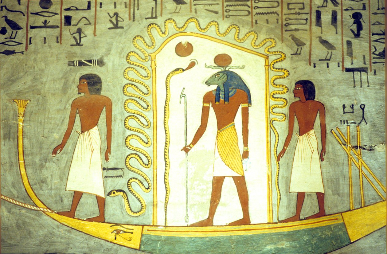 Muinainen Egypti, seinämaalaus/kaiverrus, Ramses I:n hauta, Thebe, Amon Ra:n proomu hinataan alamaailman läpi (kuva) tekijältä School Egyptian