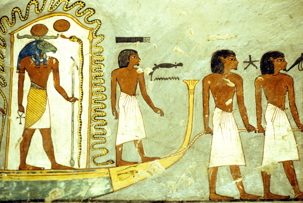 Muinainen Egypti, Seinämaalaus/kaiverrus, Matka manalan halki miesten vetämällä veneellä, Ramses I:n hauta, Thebe tekijältä School Egyptian