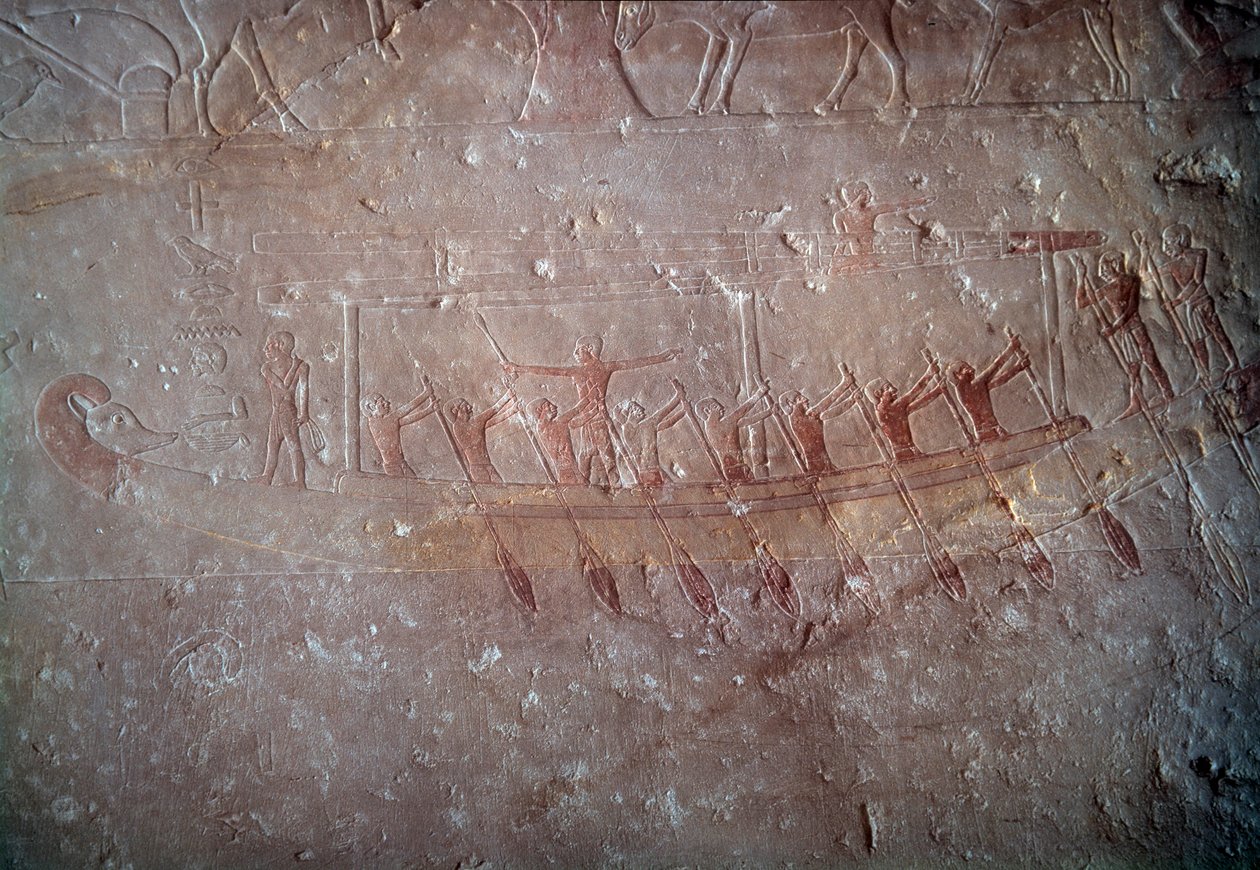 Muinainen Egypti: kalkkikivireliefi, joka edustaa kanoottia Mastaban kappelista Akhethetepissä, noin 2300 eaa. 5. dynastia. Vanha valtakunta. Sakkarasta (Sakkara). Pariisi, Louvre-museo tekijältä School Egyptian