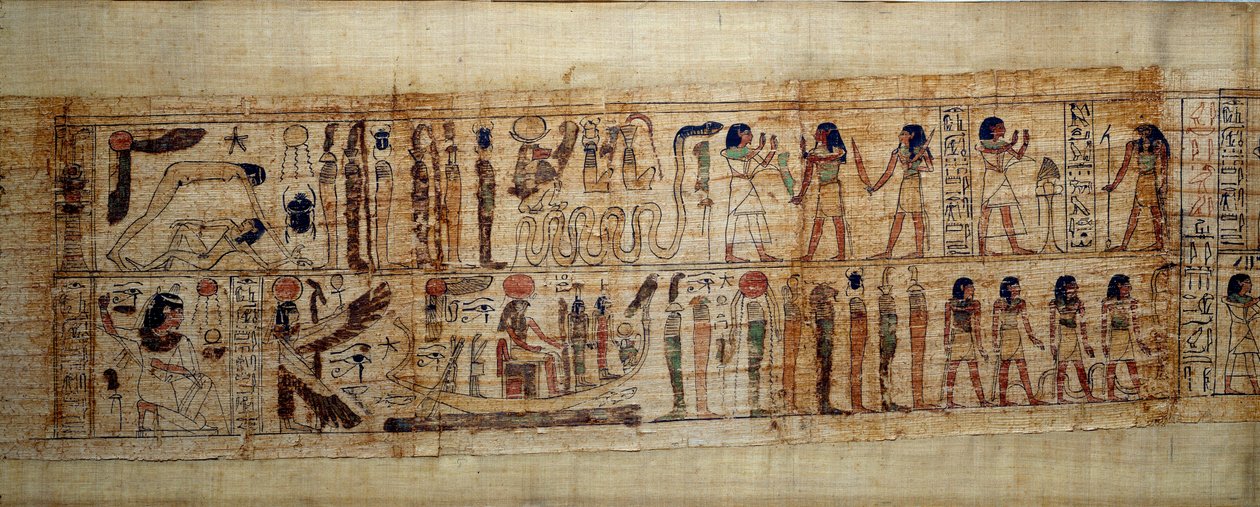 Muinaisen Egyptin taiteen mytologinen Serimenin papyrus. Päälle: maailman luomisen aikana jumala Geb (Maa) on erotettu jumalatar Noutista (taivas); jumalia ja henkiä alusta alkaen. Alla: Serimen kunnioittaa aurinkoa, joka tulvii ra:llaan tekijältä School Egyptian