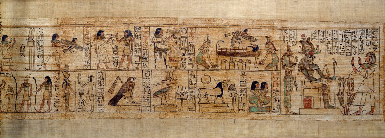 Muinaisen Egyptin taiteen mytologinen Serimenin papyrus. Yläosa: Serimen rakastaa jumalaa Osirista, jota edustaa sen tunnus Abydoksen kaupungissa. Kuolleiden sielu linnun muodossa lentää muumionsa yli jumalattareiden Isis (vasemmalla) ja Nephtys (oikealla) tekijältä School Egyptian