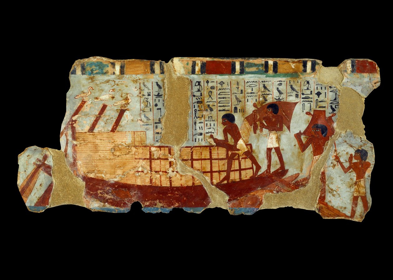 Muinainen egyptiläinen taide: jyvien lastaus veneeseen Ounoun haudasta (1450 eaa.) peräisin oleva lietemaalaus. tekijältä School Egyptian