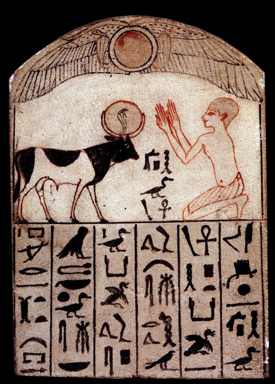 Antiikin taide: Serapeum stele (maalattu kalkkikivi). Apisin jumalan palvonta. Maalattu kalkkikiviveistos, matala aika (664-332 eKr.), Egypti. Pariisi, Musee du Louvre tekijältä School Egyptian