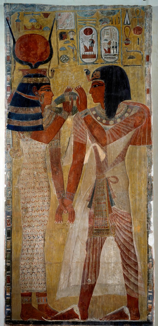 Muinaisen Egyptin taide: Kuningas Sethi I ja jumalatar Hathor, tulevat Sethi I:n haudasta (kuninkaiden laakso) tekijältä School Egyptian