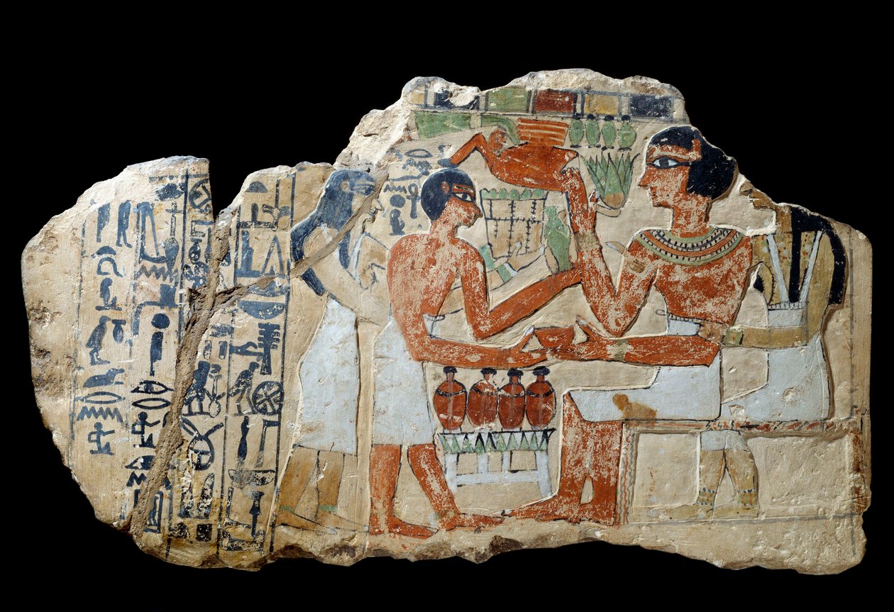 Egyptiläinen antiikki: Iri-stele kalkkikivessä. Pariskunta tekee tarjouksen. Ensimmäinen välikausi (2200-2033 eKr.) su. 0,3x0,52 m Pariisi, musee du Louvre tekijältä School Egyptian