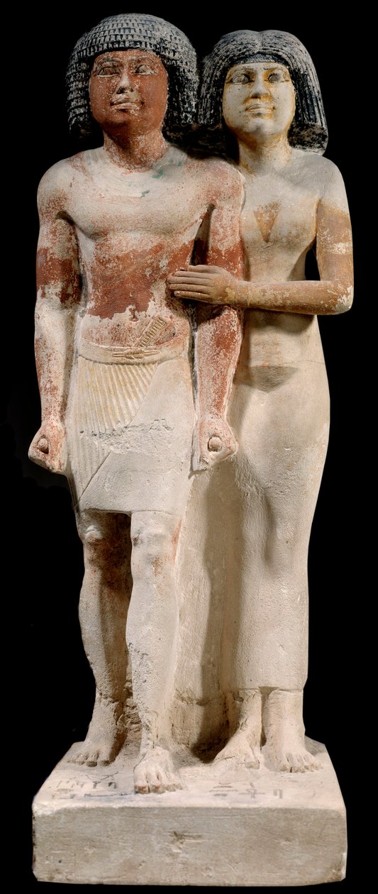 Egyptiläinen antiikki: Raherkan ja Meresankhin pariskunnan kalkkikivipatsas. 5. dynastia. Vanha valtakunta (noin 2700-2200 eKr.). Aurinko 0,52x0,21 m Pariisi, musee du Louvre tekijältä School Egyptian