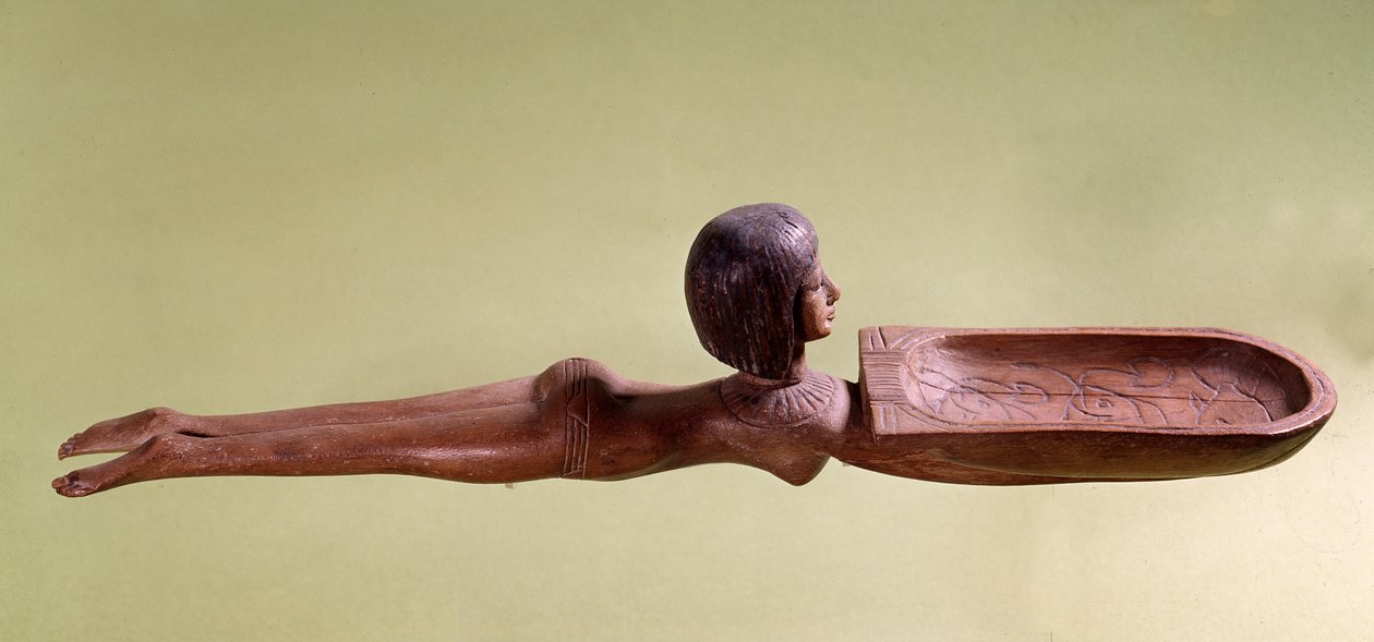 Egyptiläinen antiikki: Puinen lusikka kosmeettiselle lusikalle, jota kutsutaan alastomaksi uimariksi, jolla on ankka. 18. dynastia, uusi imperiumi. Pariisi, Louvre-museo tekijältä School Egyptian