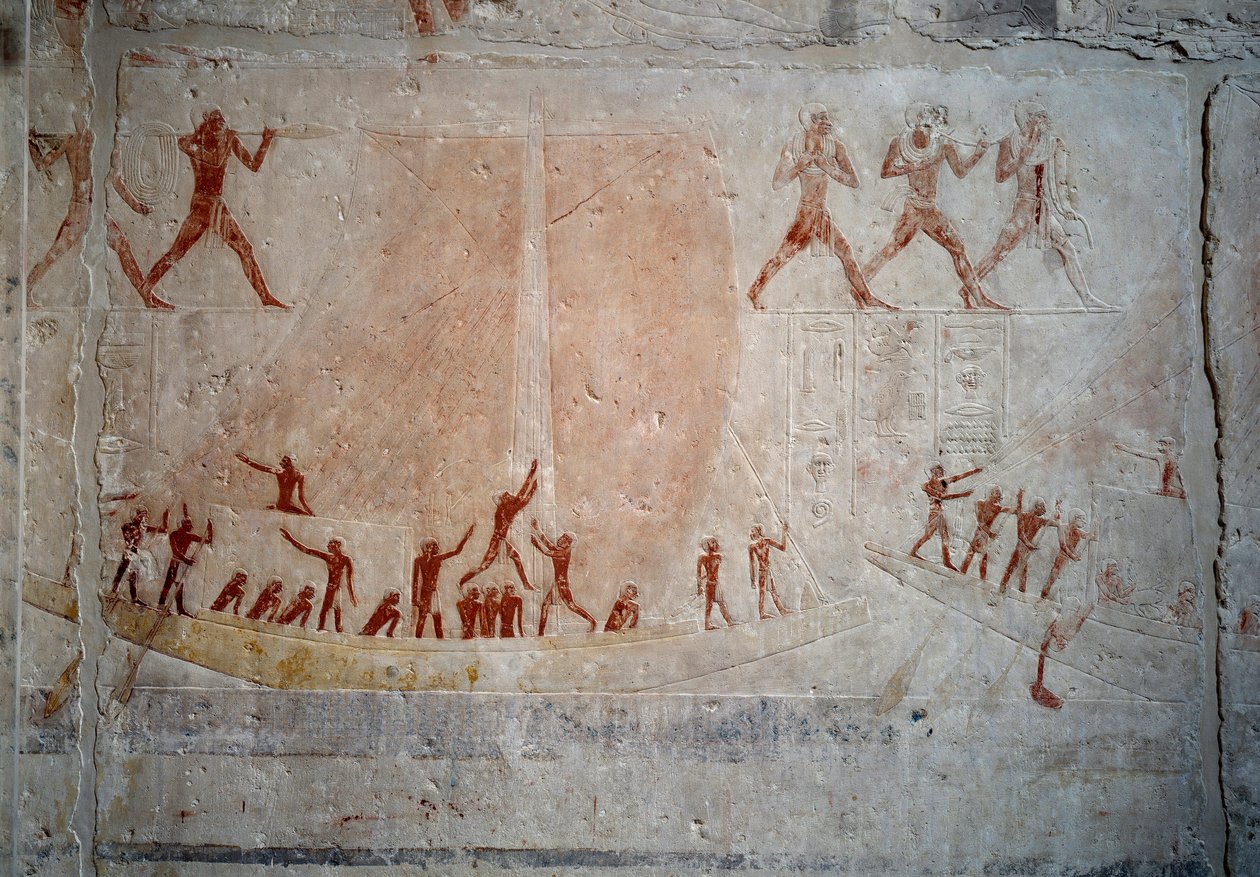 Egyptiläinen antiikki: purjevene. Kalkkikivireljeef Akhethetep Mastaban kappelista Saqqarassa. 5. dynastia (noin 2500-2350 eKr.) 2300 eaa. Pariisi, Louvre-museo tekijältä School Egyptian