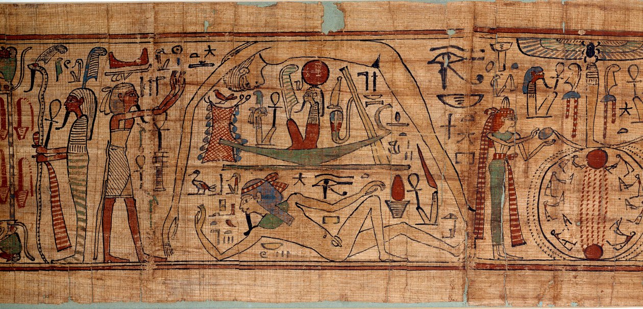 Egyptiläinen antiikin allegoria kosmoksesta: Neskapashoutyn mytologinen papyrus, kosmogoniaa edustavien jyvien kirjanpitäjä, Geb, Nout, Nephtys, Osiris. 1070-664 eaa. 21. dynastia. Aurinko 2,7x0,27 m Pariisi, musee du Louvre tekijältä School Egyptian