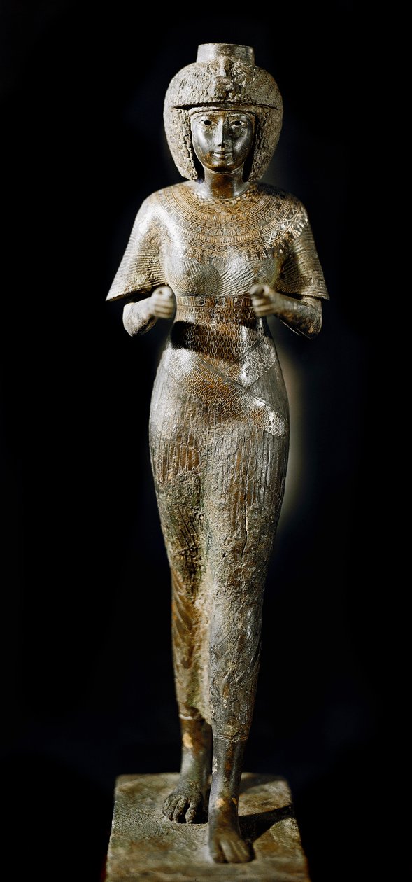 Egyptiläinen antiikki: farao Takelot II:n vaimon kuningatar Karomaman pronssinen patsas. 21. dynastia. Pariisi, Louvre-museo tekijältä School Egyptian